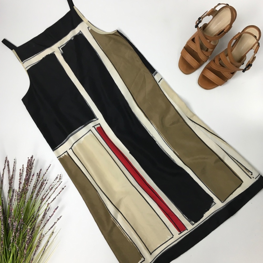 Theory Black, Olive & Cream Colorblock Midi Dress with Red Accent